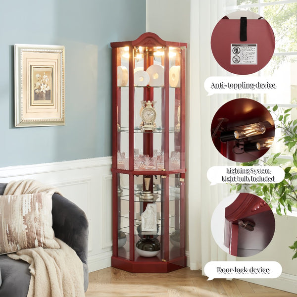 English Elm Glass Corner Curio Cabinet Lighted Cherry Finish Traditional Carved Display Shelves W2275P177191