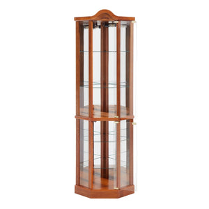 English Elm Glass Corner Curio Cabinet Lighted Oak Finish Carved Crown Floral Display Shelves W2275P177192