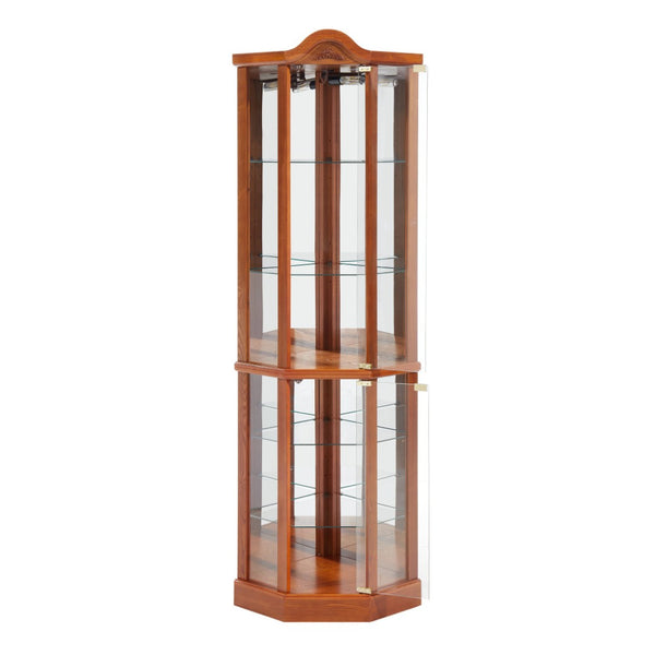 English Elm Glass Corner Curio Cabinet Lighted Oak Finish Carved Crown Floral Display Shelves W2275P177192