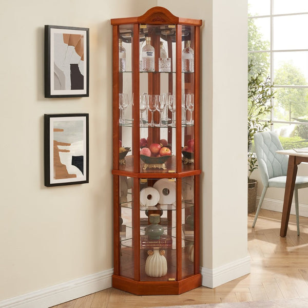 English Elm Glass Corner Curio Cabinet Lighted Oak Finish Carved Crown Floral Display Shelves W2275P177192