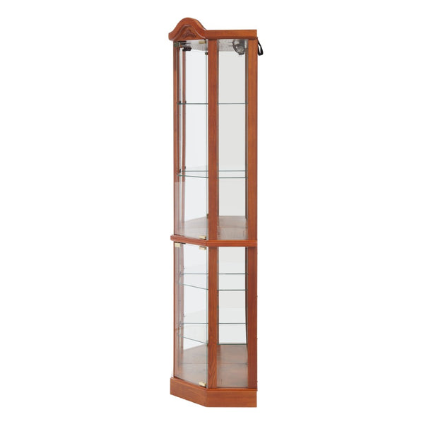 English Elm Glass Corner Curio Cabinet Lighted Oak Finish Carved Crown Floral Display Shelves W2275P177192