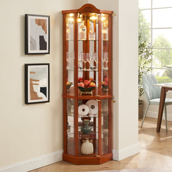 English Elm Glass Corner Curio Cabinet Lighted Oak Finish Carved Crown Floral Display Shelves W2275P177192