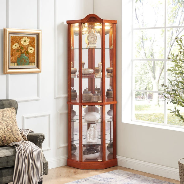 English Elm Glass Corner Curio Cabinet Lighted Oak Finish Carved Crown Floral Display Shelves W2275P177192