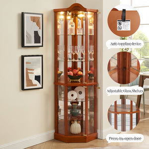 English Elm Glass Corner Curio Cabinet Lighted Oak Finish Carved Crown Floral Display Shelves W2275P177192