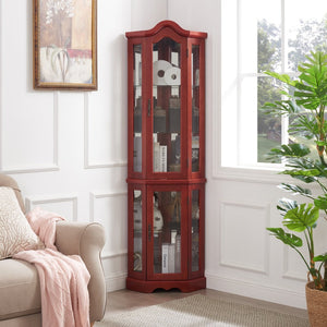 English Elm Curio Corner Cabinet Lighted Tempered Glass Shelves Cherry Finish Traditional Display W2275P178901