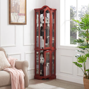 English Elm Curio Corner Cabinet Lighted Tempered Glass Shelves Cherry Finish Traditional Display W2275P178901
