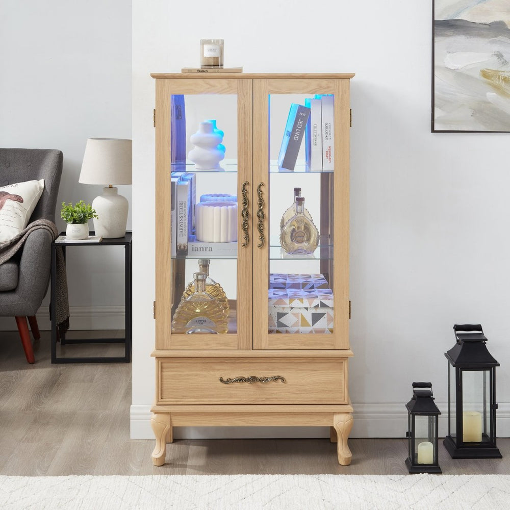 English Elm Lighted Curio Cabinet Oak Finish Glass Doors Mirrored Back Vintage Display Storage W2275P389682