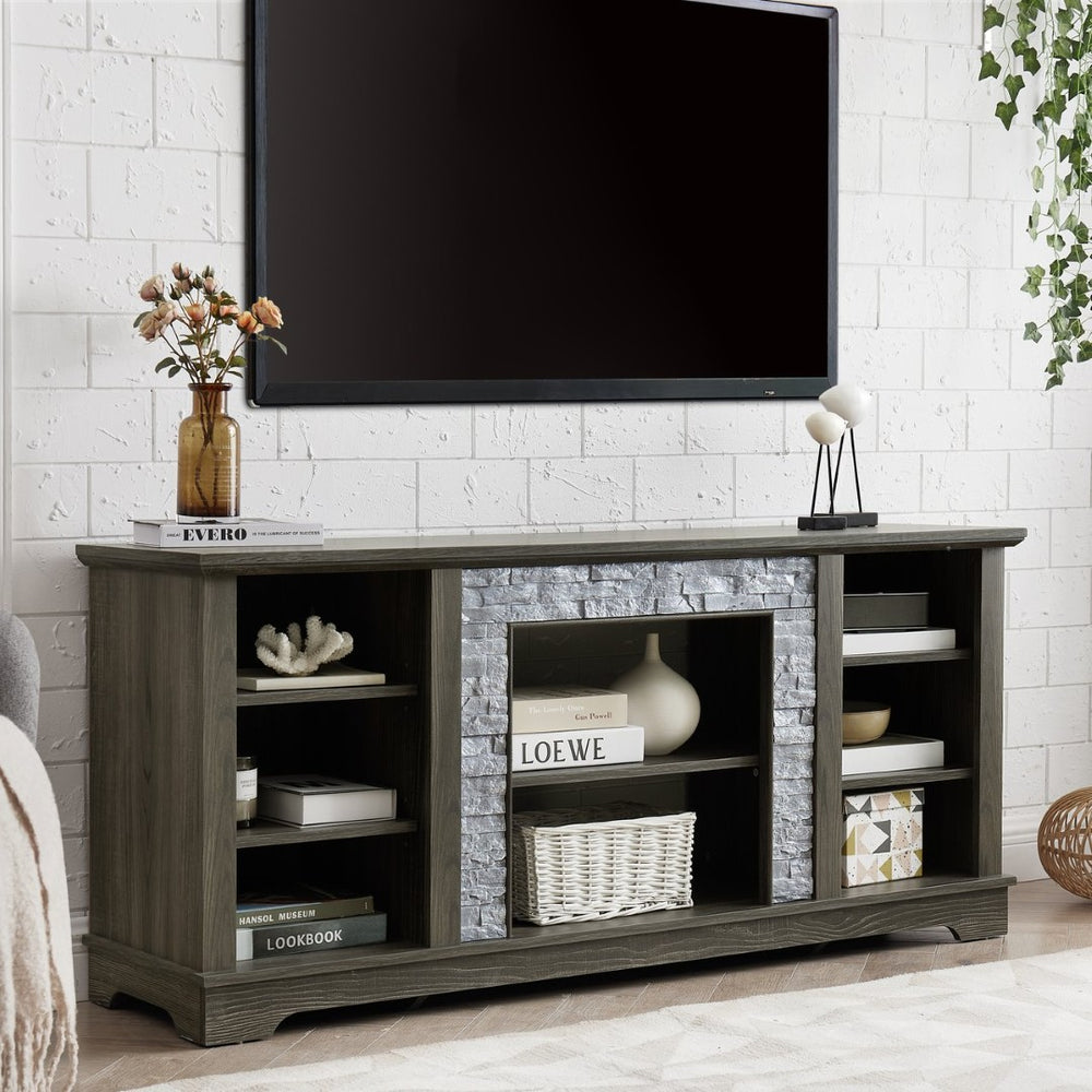 English Elm Mantel Faux Stone Surround TV Console with Open Shelving for Living Room or Den Grey W2275P389688