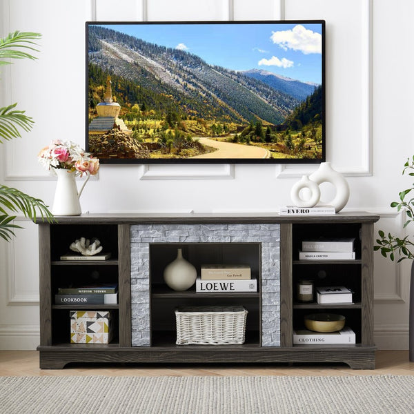 English Elm Mantel Faux Stone Surround TV Console with Open Shelving for Living Room or Den Grey W2275P389688