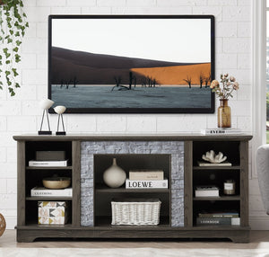 English Elm Mantel Faux Stone Surround TV Console with Open Shelving for Living Room or Den Grey W2275P389688