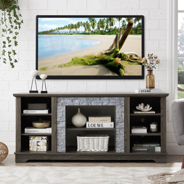 English Elm Mantel Faux Stone Surround TV Console with Open Shelving for Living Room or Den Grey W2275P389688