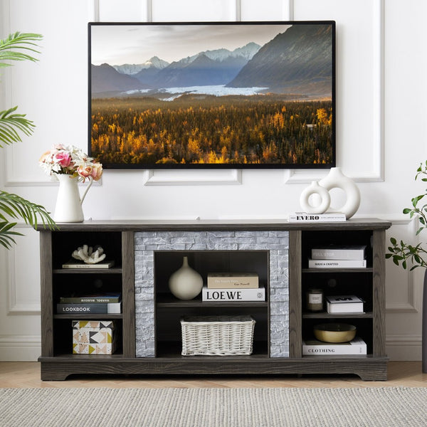 English Elm Mantel Faux Stone Surround TV Console with Open Shelving for Living Room or Den Grey W2275P389688