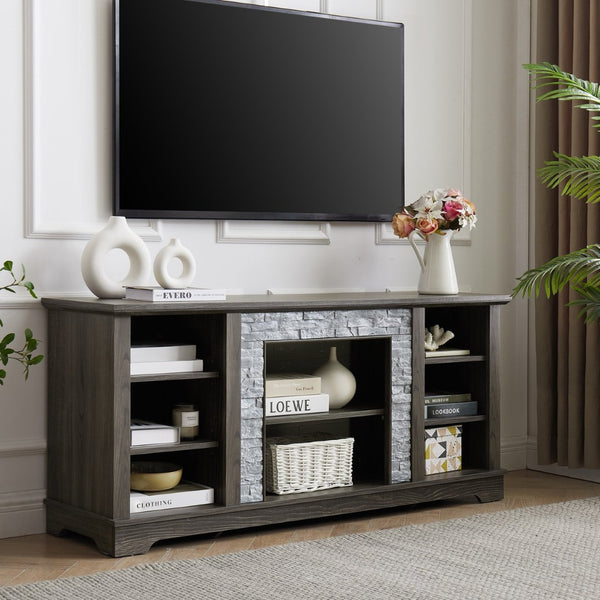 English Elm Mantel Faux Stone Surround TV Console with Open Shelving for Living Room or Den Grey W2275P389688
