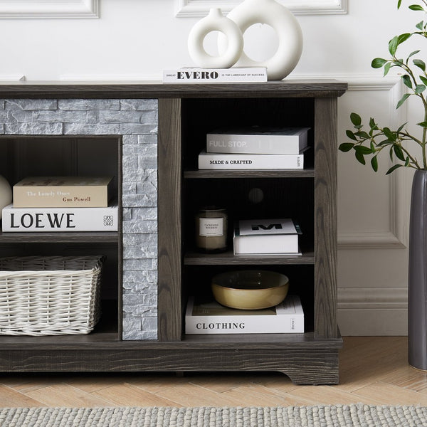 English Elm Mantel Faux Stone Surround TV Console with Open Shelving for Living Room or Den Grey W2275P389688