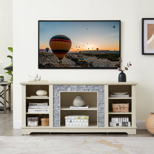 English Elm Mantel Faux Stone Surround TV Console with Open Shelving for Living Room or Den White W2275P389690
