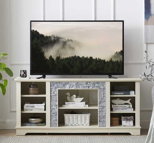 English Elm Mantel Faux Stone Surround TV Console with Open Shelving for Living Room or Den White W2275P389690