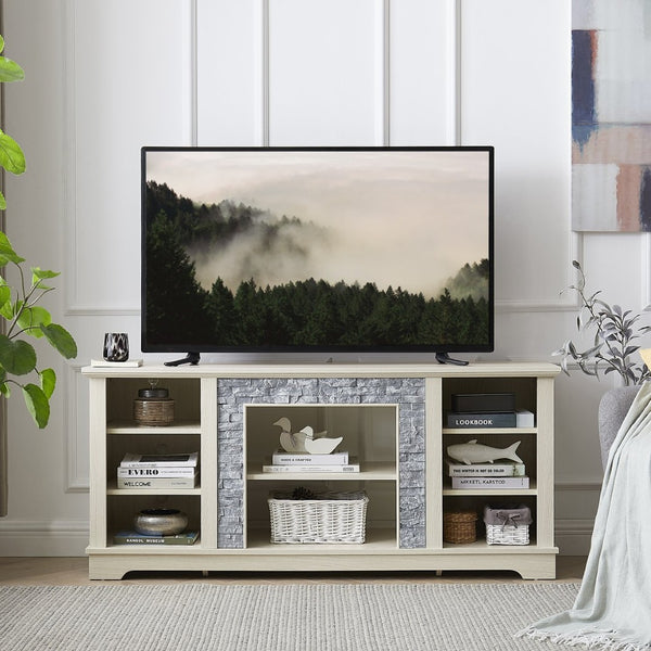 English Elm Mantel Faux Stone Surround TV Console with Open Shelving for Living Room or Den White W2275P389690