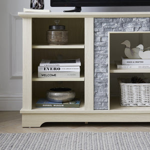English Elm Mantel Faux Stone Surround TV Console with Open Shelving for Living Room or Den White W2275P389690