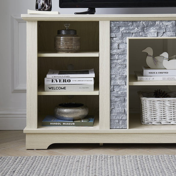 English Elm Mantel Faux Stone Surround TV Console with Open Shelving for Living Room or Den White W2275P389690