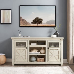 English Elm 2 Door Farmhouse TV Stand with Half Glass Barn Panels White Console Fits 65 Inch W2275P389691