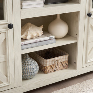 English Elm 2 Door Farmhouse TV Stand with Half Glass Barn Panels White Console Fits 65 Inch W2275P389691