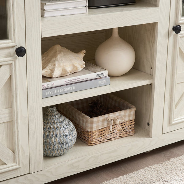 English Elm 2 Door Farmhouse TV Stand with Half Glass Barn Panels White Console Fits 65 Inch W2275P389691