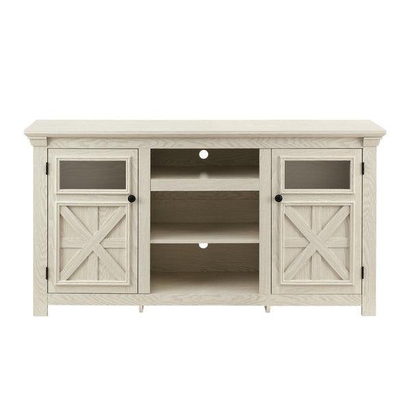 English Elm 2 Door Farmhouse TV Stand with Half Glass Barn Panels White Console Fits 65 Inch W2275P389691