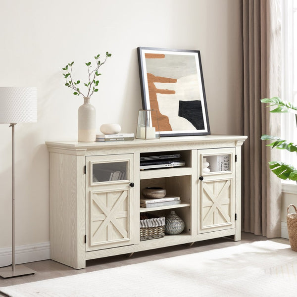 English Elm 2 Door Farmhouse TV Stand with Half Glass Barn Panels White Console Fits 65 Inch W2275P389691