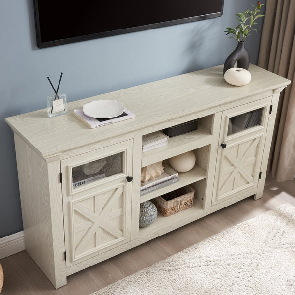 English Elm 2 Door Farmhouse TV Stand with Half Glass Barn Panels White Console Fits 65 Inch W2275P389691