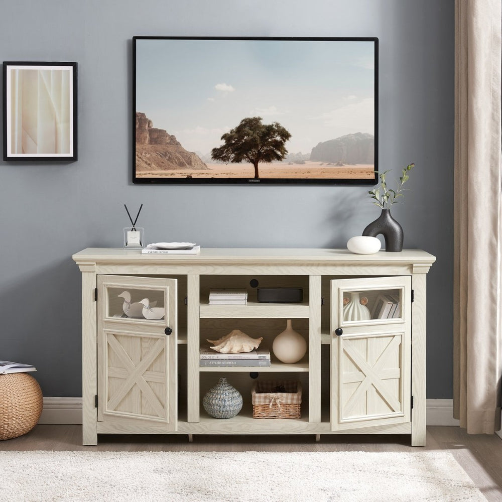 English Elm 2 Door Farmhouse TV Stand with Half Glass Barn Panels White Console Fits 65 Inch W2275P389691