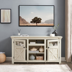 English Elm 2 Door Farmhouse TV Stand with Half Glass Barn Panels White Console Fits 65 Inch W2275P389691