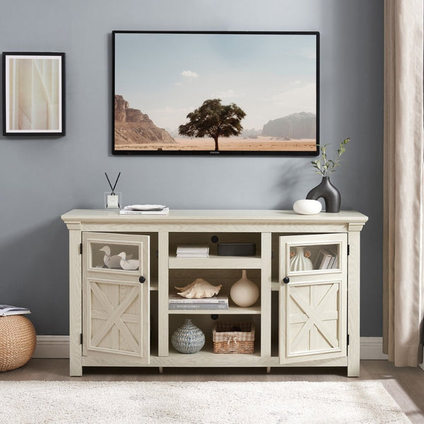 English Elm 2 Door Farmhouse TV Stand with Half Glass Barn Panels White Console Fits 65 Inch W2275P389691