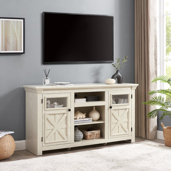 English Elm 2 Door Farmhouse TV Stand with Half Glass Barn Panels White Console Fits 65 Inch W2275P389691