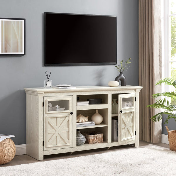 English Elm 2 Door Farmhouse TV Stand with Half Glass Barn Panels White Console Fits 65 Inch W2275P389691