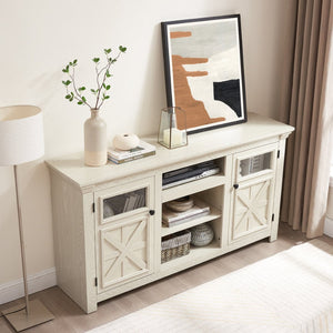 English Elm 2 Door Farmhouse TV Stand with Half Glass Barn Panels White Console Fits 65 Inch W2275P389691