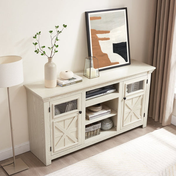 English Elm 2 Door Farmhouse TV Stand with Half Glass Barn Panels White Console Fits 65 Inch W2275P389691