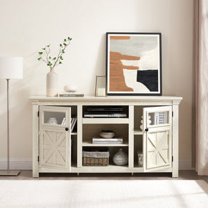 English Elm 2 Door Farmhouse TV Stand with Half Glass Barn Panels White Console Fits 65 Inch W2275P389691