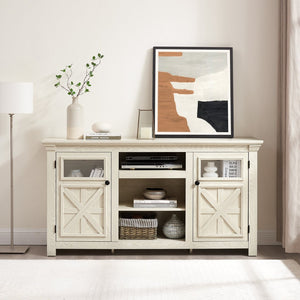 English Elm 2 Door Farmhouse TV Stand with Half Glass Barn Panels White Console Fits 65 Inch W2275P389691
