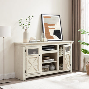 English Elm 2 Door Farmhouse TV Stand with Half Glass Barn Panels White Console Fits 65 Inch W2275P389691