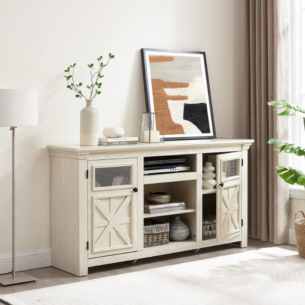 English Elm 2 Door Farmhouse TV Stand with Half Glass Barn Panels White Console Fits 65 Inch W2275P389691