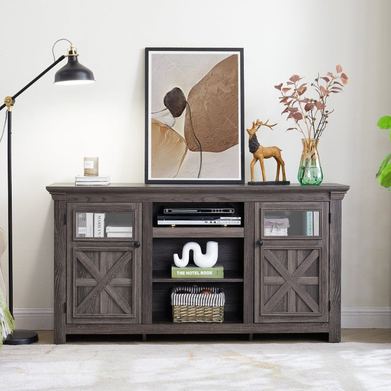 English Elm 2 Door Farmhouse TV Stand with Barn Lattice Cabinet and Open Shelving for 65 Inch Screens W2275P389692