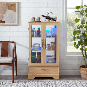 English Elm Lighted Glass Curio Cabinet with LED Interior Mirror Back and Oak Vintage Display W2275P389704