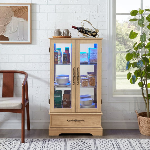 English Elm Lighted Glass Curio Cabinet with LED Interior Mirror Back and Oak Vintage Display W2275P389704