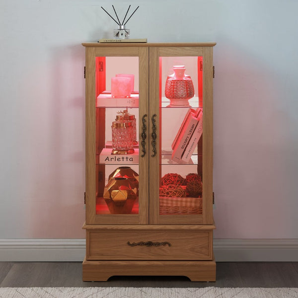 English Elm Lighted Glass Curio Cabinet with LED Interior Mirror Back and Oak Vintage Display W2275P389704