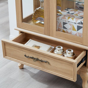 English Elm Lighted Glass Curio Cabinet with LED Interior Mirror Back and Oak Vintage Display W2275P389704