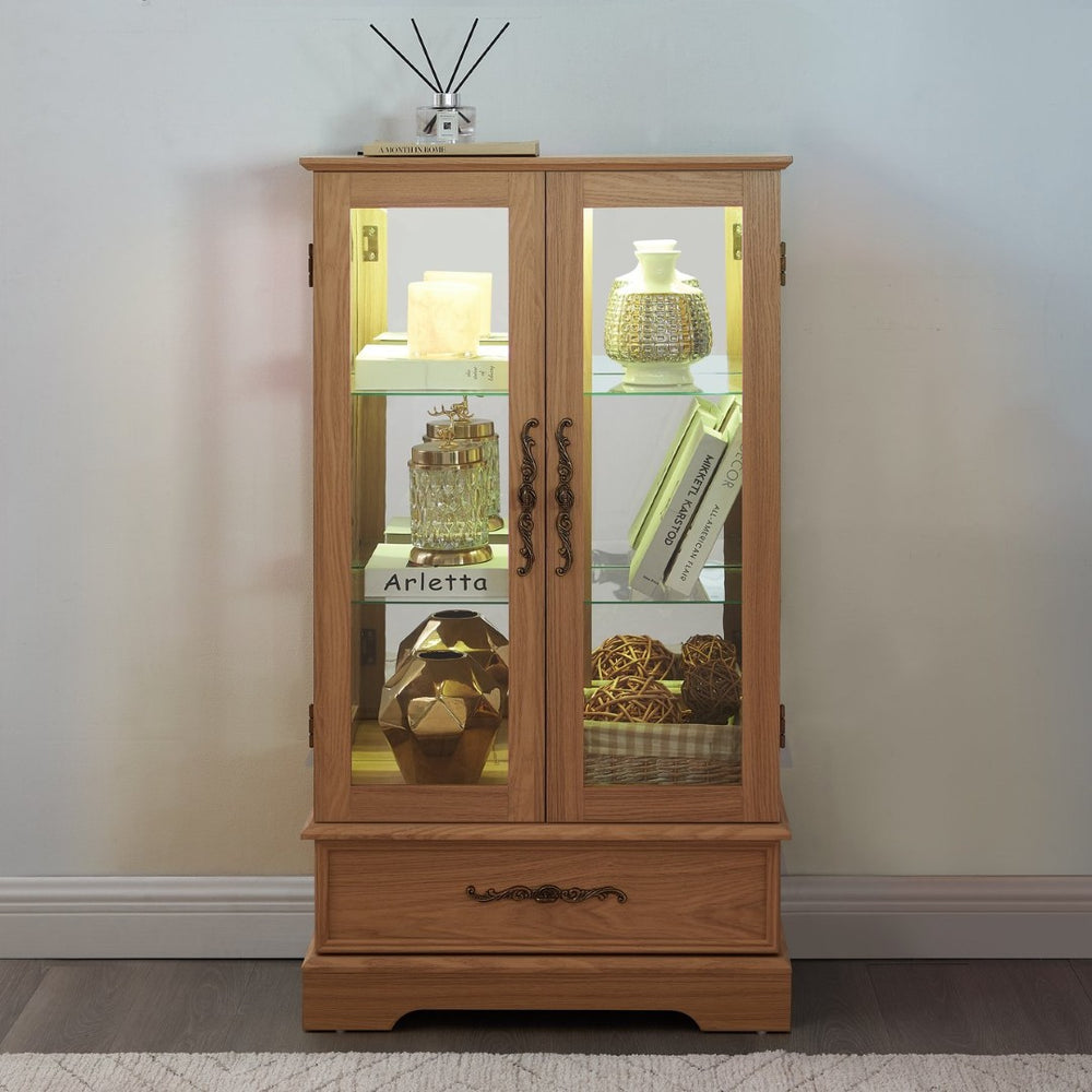 English Elm Lighted Glass Curio Cabinet with LED Interior Mirror Back and Oak Vintage Display W2275P389704