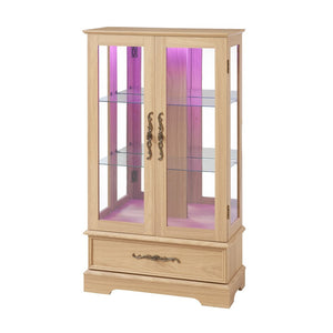 English Elm Lighted Glass Curio Cabinet with LED Interior Mirror Back and Oak Vintage Display W2275P389704
