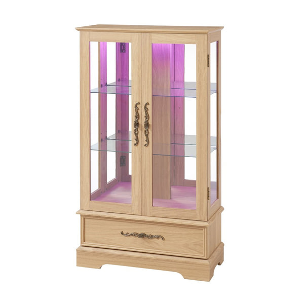 English Elm Lighted Glass Curio Cabinet with LED Interior Mirror Back and Oak Vintage Display W2275P389704