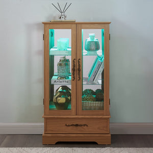 English Elm Lighted Glass Curio Cabinet with LED Interior Mirror Back and Oak Vintage Display W2275P389704