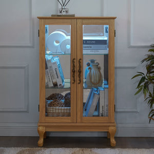 English Elm Elegant Oak Curio Cabinet with LED Lighting Mirrored Interior and Tempered Glass Shelves W2275P389706